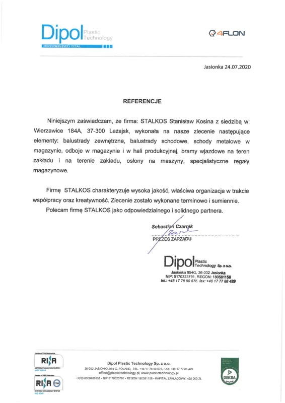List referencyjny od firmy Dipol